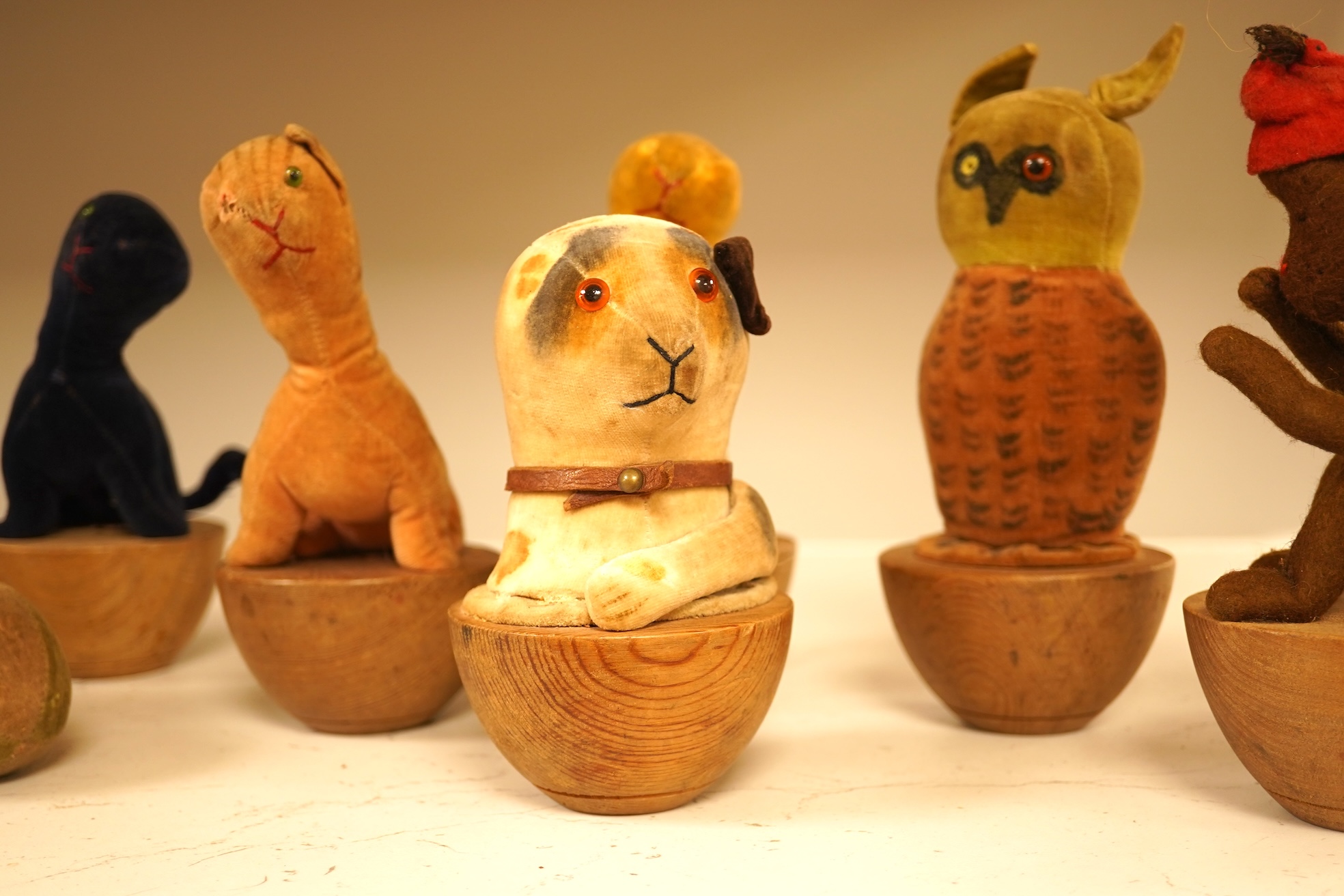 Nine children’s toy 1930’s-40’s soft animal skittles and a ball. Monkey skittle 17cm high